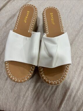 BAMBOO White Slide Mule Sandals with Tan Footbed